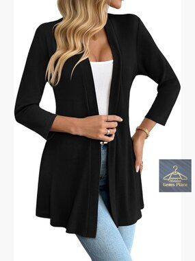 Lightweight 3/4 Sleeve Cardigan Open Front Flowy Skirt Hem